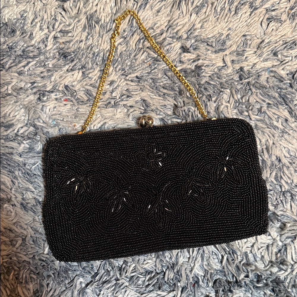 Vintage Black Beaded Evening Clutch with Gold Chain